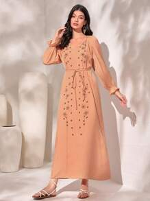 Modelyn Floral Embroidery Flounce Sleeve Belted Dress - Coral Orange - View 5