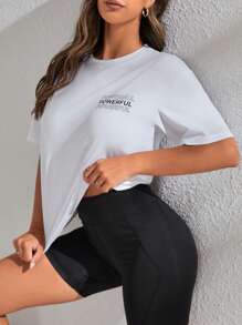 Easithlete 字母圖案落肩T恤和騎行褲 - 黑與白 - 查看 2