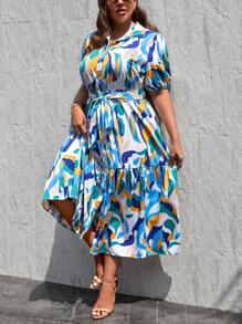 SHEIN Privé 大碼滿版印花泡泡袖荷葉邊繫腰帶連衣裙 - 彩色 - 查看 3