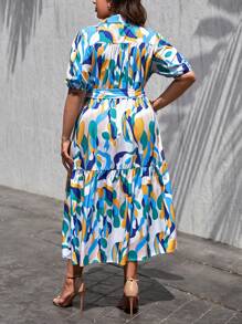 SHEIN Privé 大碼滿版印花泡泡袖荷葉邊繫腰帶連衣裙 - 彩色 - 查看 2