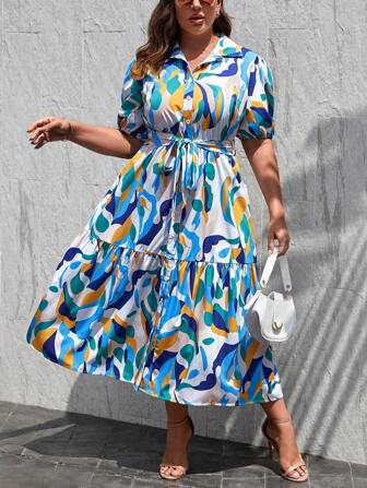 SHEIN Privé 大碼滿版印花泡泡袖荷葉邊繫腰帶連衣裙