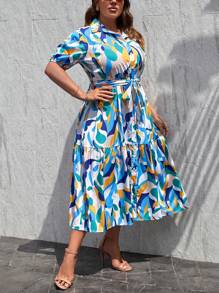 SHEIN Privé 大碼滿版印花泡泡袖荷葉邊繫腰帶連衣裙 - 彩色 - 查看 4