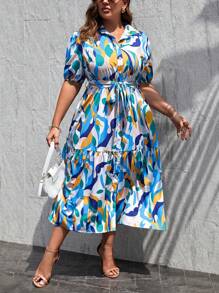 SHEIN Privé 大碼滿版印花泡泡袖荷葉邊繫腰帶連衣裙 - 彩色 - 查看 6