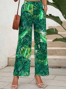 SHEIN LUNE 熱帶圖案斜口袋闊腿褲 - 綠色 - 查看 5