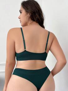 大尺碼實色褶皺舒適無鋼圈文胸和內褲套裝 - 墨綠色 - 查看 2