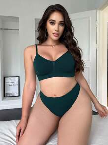 大尺碼實色褶皺舒適無鋼圈文胸和內褲套裝 - 墨綠色 - 查看 3