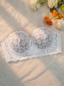 Elegant White Floral Print Lace Bralette Bra For Women With Slight Stretch Knit Fabric - White - View 3