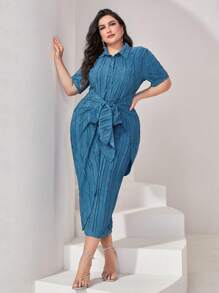 Modelyn Plus Tie Front Button Through Shirt Dress - Blue - View 1