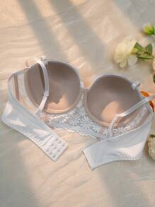Elegant White Floral Print Lace Bralette Bra For Women With Slight Stretch Knit Fabric - White - View 2