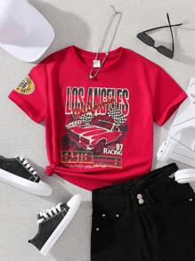 SHEIN Tween Girl Street Style Red Ribbed Round Neck Short Sleeve T-Shirt With Racing Elements Print - Red - View 1