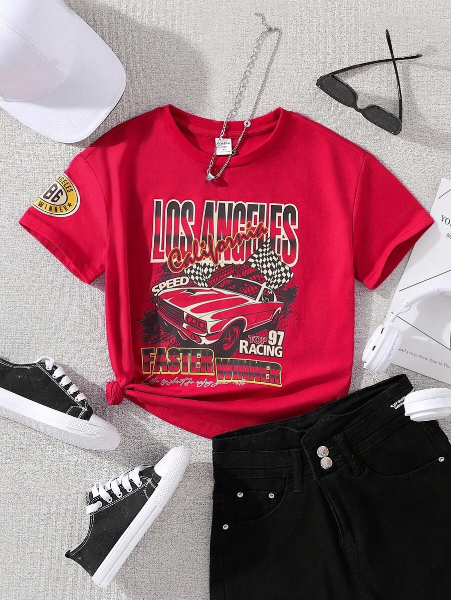SHEIN Tween Girl Street Style Red Ribbed Round Neck Short Sleeve T-Shirt With Racing Elements Print - Red - View 1