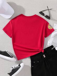 SHEIN Tween Girl Street Style Red Ribbed Round Neck Short Sleeve T-Shirt With Racing Elements Print - Red - View 2