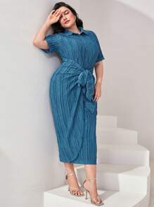 Modelyn Plus Tie Front Button Through Shirt Dress - Blue - View 3