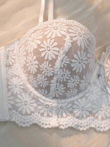 Elegant White Floral Print Lace Bralette Bra For Women With Slight Stretch Knit Fabric - White - View 5