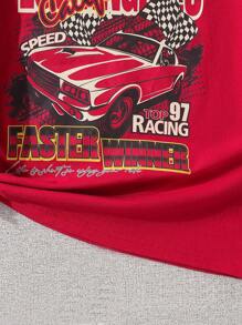 SHEIN Tween Girl Street Style Red Ribbed Round Neck Short Sleeve T-Shirt With Racing Elements Print - Red - View 4