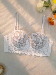 Elegant White Floral Print Lace Bralette Bra For Women With Slight Stretch Knit Fabric - White - View 1