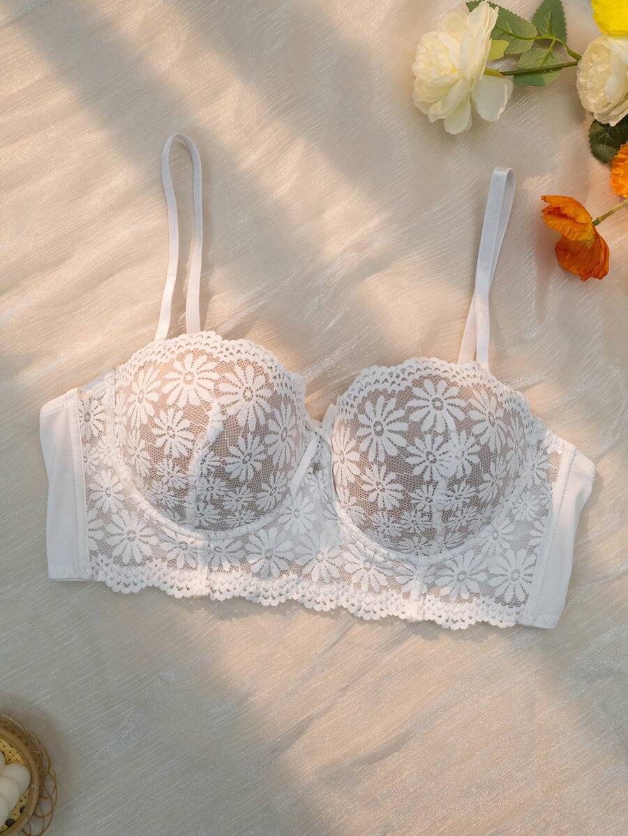 Elegant White Floral Print Lace Bralette Bra For Women With Slight Stretch Knit Fabric - White - View 1