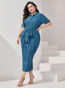 Modelyn Plus Tie Front Button Through Shirt Dress - Blue - View 4