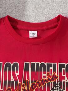 SHEIN Tween Girl Street Style Red Ribbed Round Neck Short Sleeve T-Shirt With Racing Elements Print - Red - View 5
