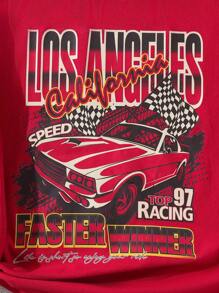 SHEIN Tween Girl Street Style Red Ribbed Round Neck Short Sleeve T-Shirt With Racing Elements Print - Red - View 6