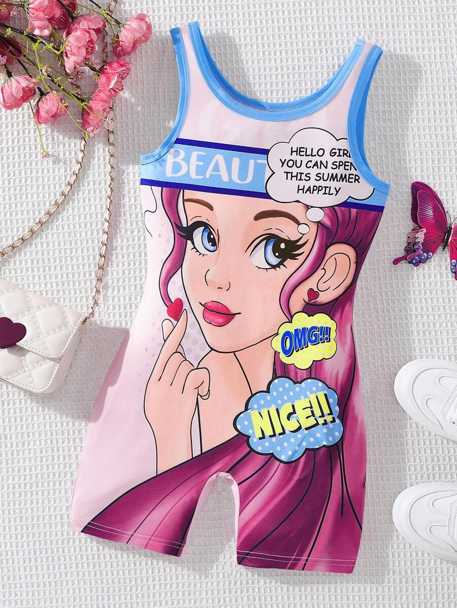 女大童人像圖案撞色滾邊背心連體短褲 - 彩色 - 查看 1