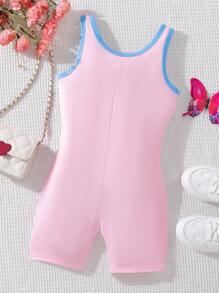 女大童人像圖案撞色滾邊背心連體短褲 - 彩色 - 查看 2