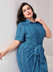 Modelyn Plus Tie Front Button Through Shirt Dress - Blue - View 6