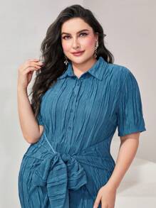 Modelyn Plus Tie Front Button Through Shirt Dress - Blue - View 7