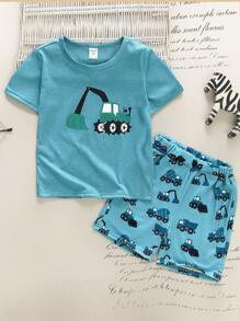 SHEIN 小男童挖掘機印花T恤和短褲