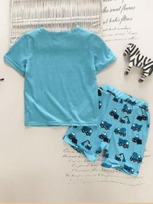 SHEIN 小男童挖掘機印花T恤和短褲