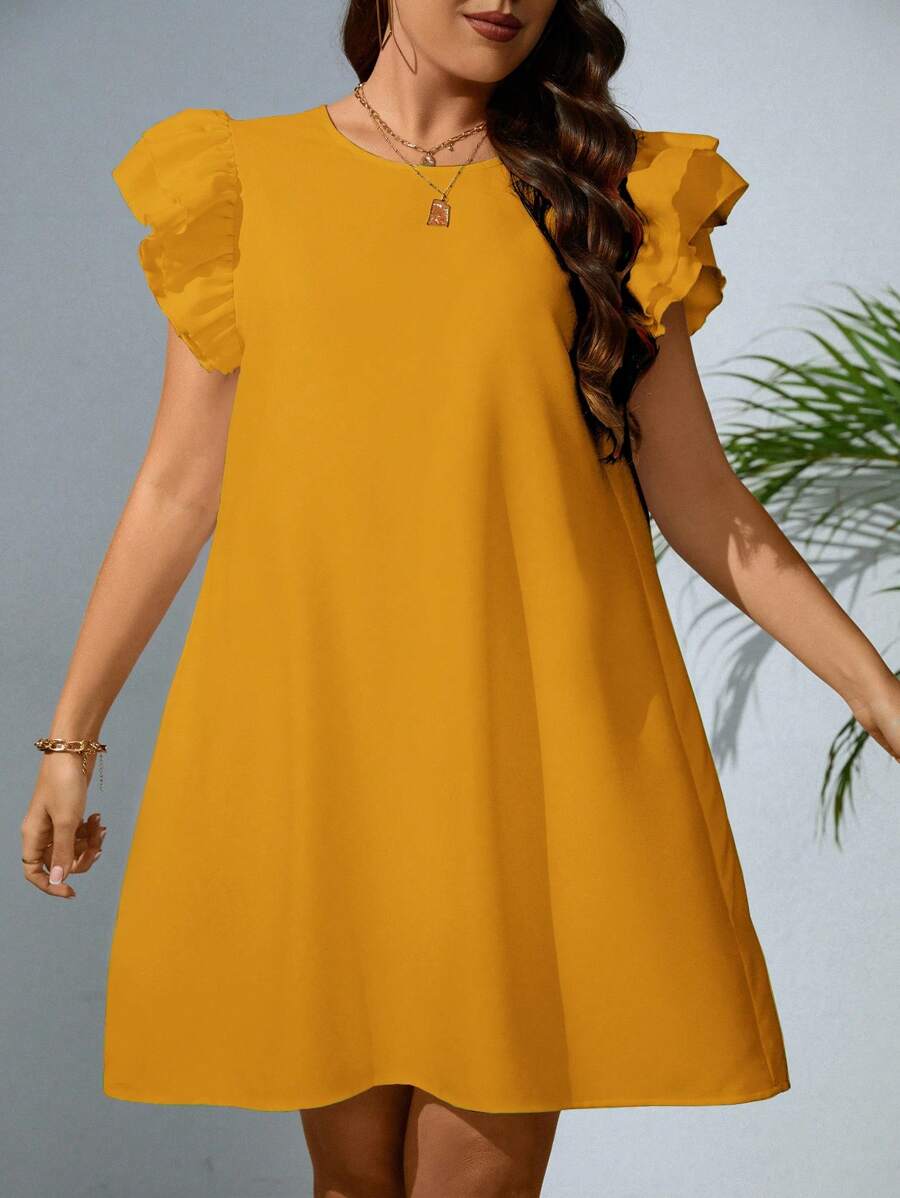 SHEIN VCAY 大碼素色荷葉邊直筒連衣裙 - 黃色 - 查看 1