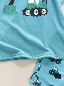 SHEIN 小男童挖掘機印花T恤和短褲