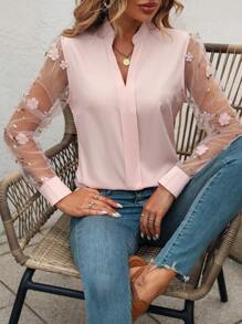 SHEIN Clasi Contrast Floral Embroidery Mesh Sleeve Blouse - Pink - View 5