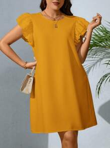 SHEIN VCAY 大碼素色荷葉邊直筒連衣裙 - 黃色 - 查看 3