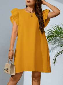 SHEIN VCAY 大碼素色荷葉邊直筒連衣裙 - 黃色 - 查看 6