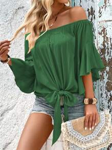 SHEIN LUNE 一字肩下擺打結襯衫 - 綠色 - 查看 4