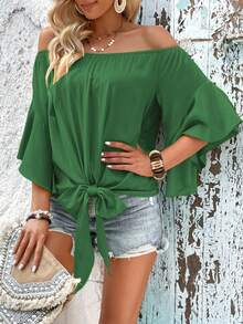 SHEIN LUNE 一字肩下擺打結襯衫 - 綠色 - 查看 5