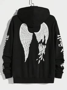 Manfinity RebelGame Men Wings & Letter Graphic Drawstring Hoodie - Black - View 1