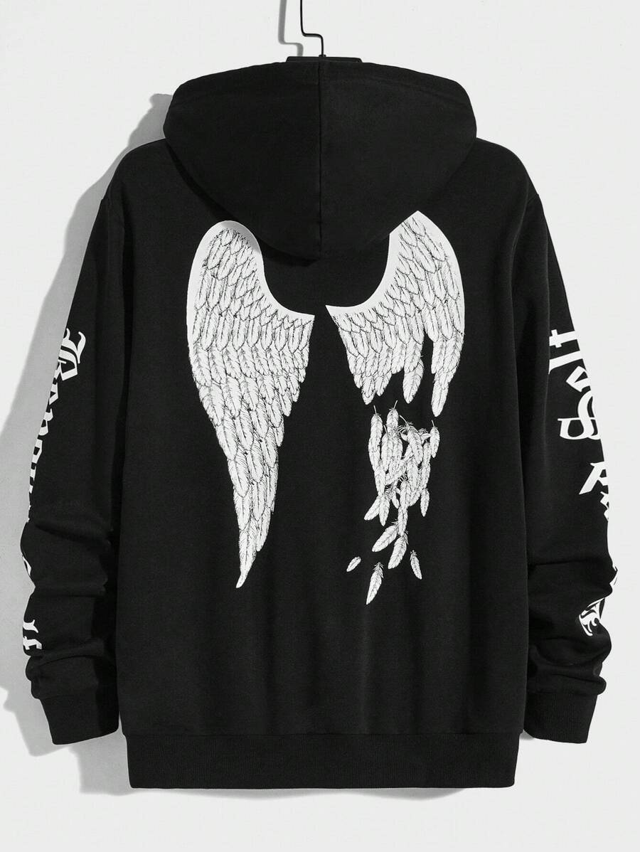 Manfinity RebelGame Men Wings & Letter Graphic Drawstring Hoodie - Black - View 1