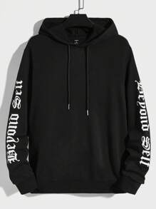 Manfinity RebelGame Men Wings & Letter Graphic Drawstring Hoodie - Black - View 2