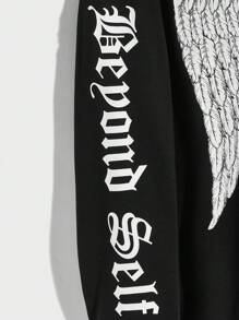 Manfinity RebelGame Men Wings & Letter Graphic Drawstring Hoodie - Black - View 3