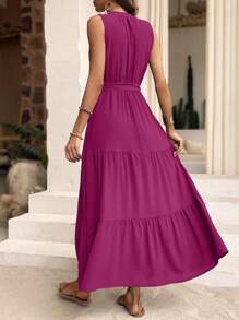 SHEIN LUNE 素色腰帶荷葉邊連衣裙 - 紫色 - 查看 2