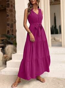 SHEIN LUNE 素色腰帶荷葉邊連衣裙 - 紫色 - 查看 4