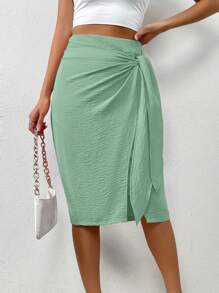 Chiquease 素色側打結裹身裙 - 綠色 - 查看 3