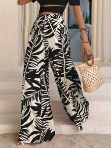 Breezaya 熱帶圖案闊腿褲 - 黑與白 - 查看 6