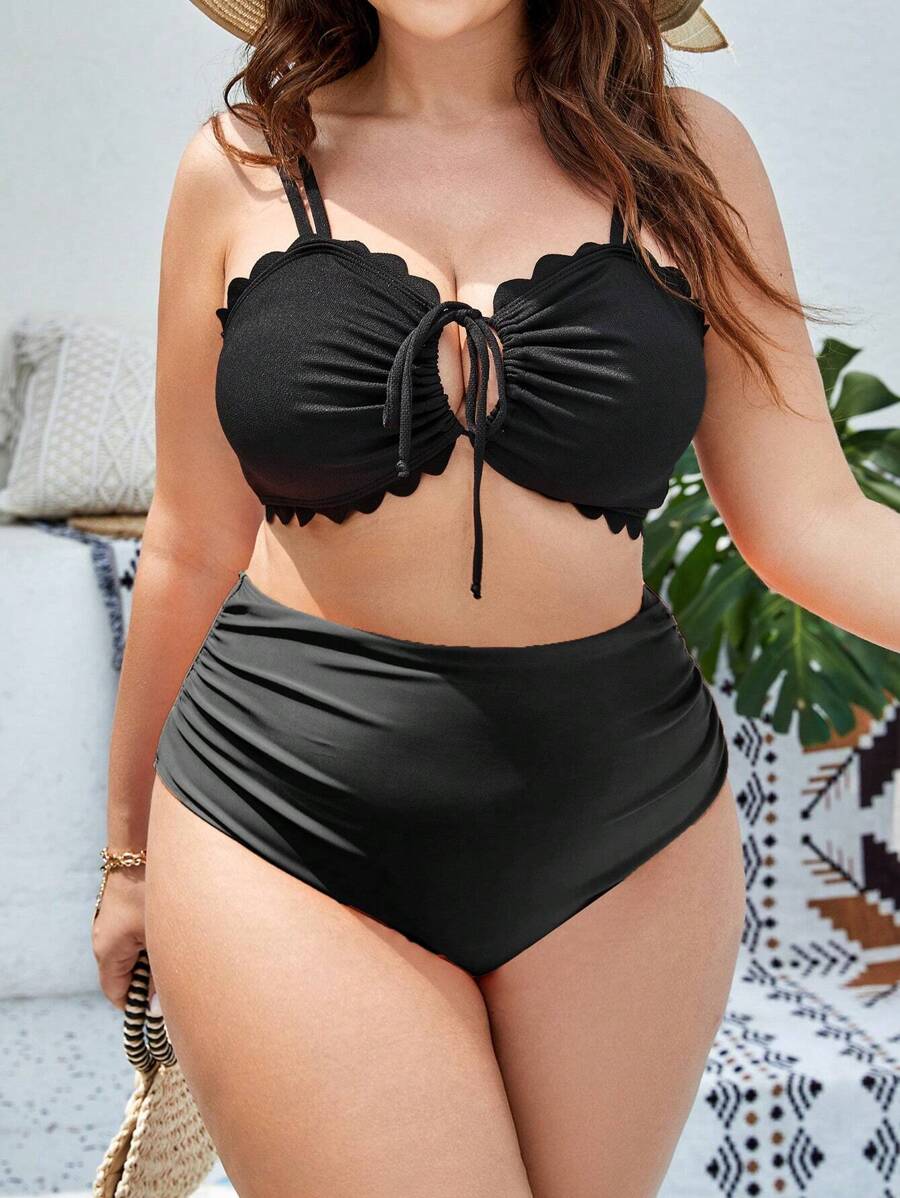 SHEIN Swim Curve Top bikini ribete en abanico con cordón delantero