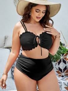 SHEIN Swim Curve Top bikini ribete en abanico con cordón delantero