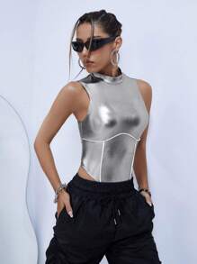SHEIN ICON Mock領對比鑲邊金屬銀色pu連身衣