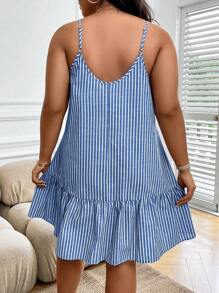 EMERY ROSE Plus Striped Print Ruffle Hem Cami Dress, Summer - Blue and White - View 2
