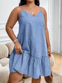 EMERY ROSE Plus Striped Print Ruffle Hem Cami Dress, Summer - Blue and White - View 3